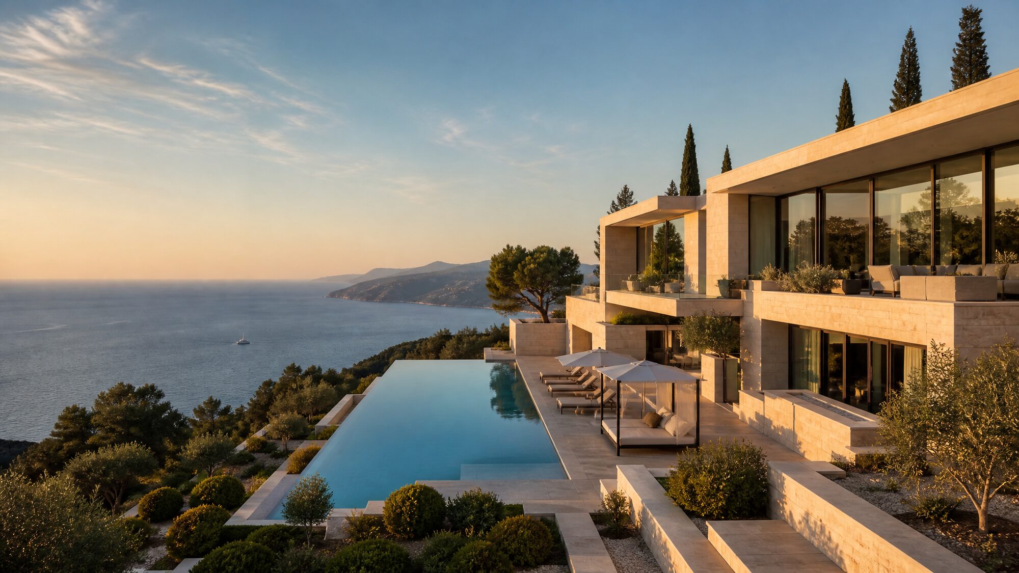 Exceptional Mediterranean residence overlooking the sea at golden hour.