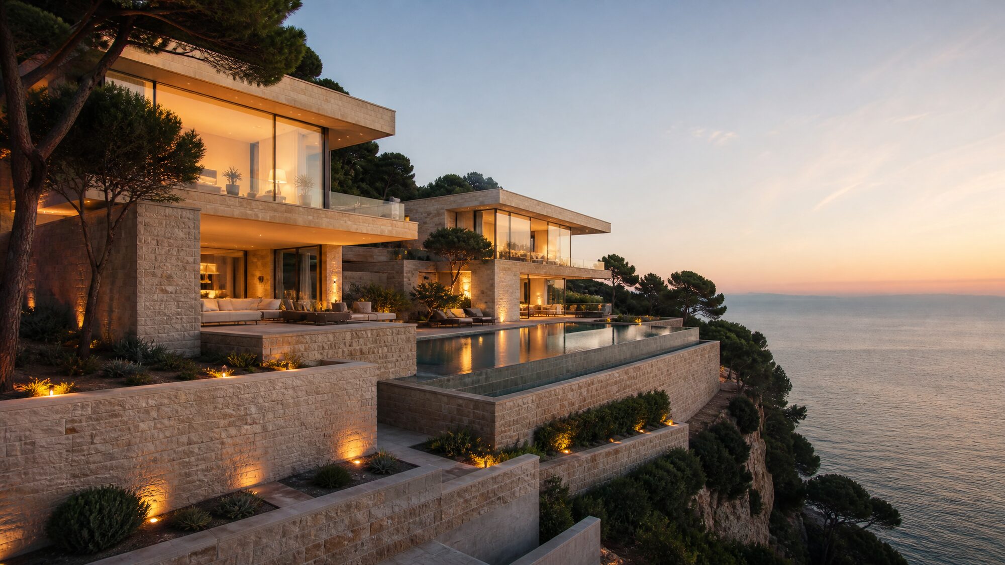 Exceptional Mediterranean residence overlooking the sea at golden hour.