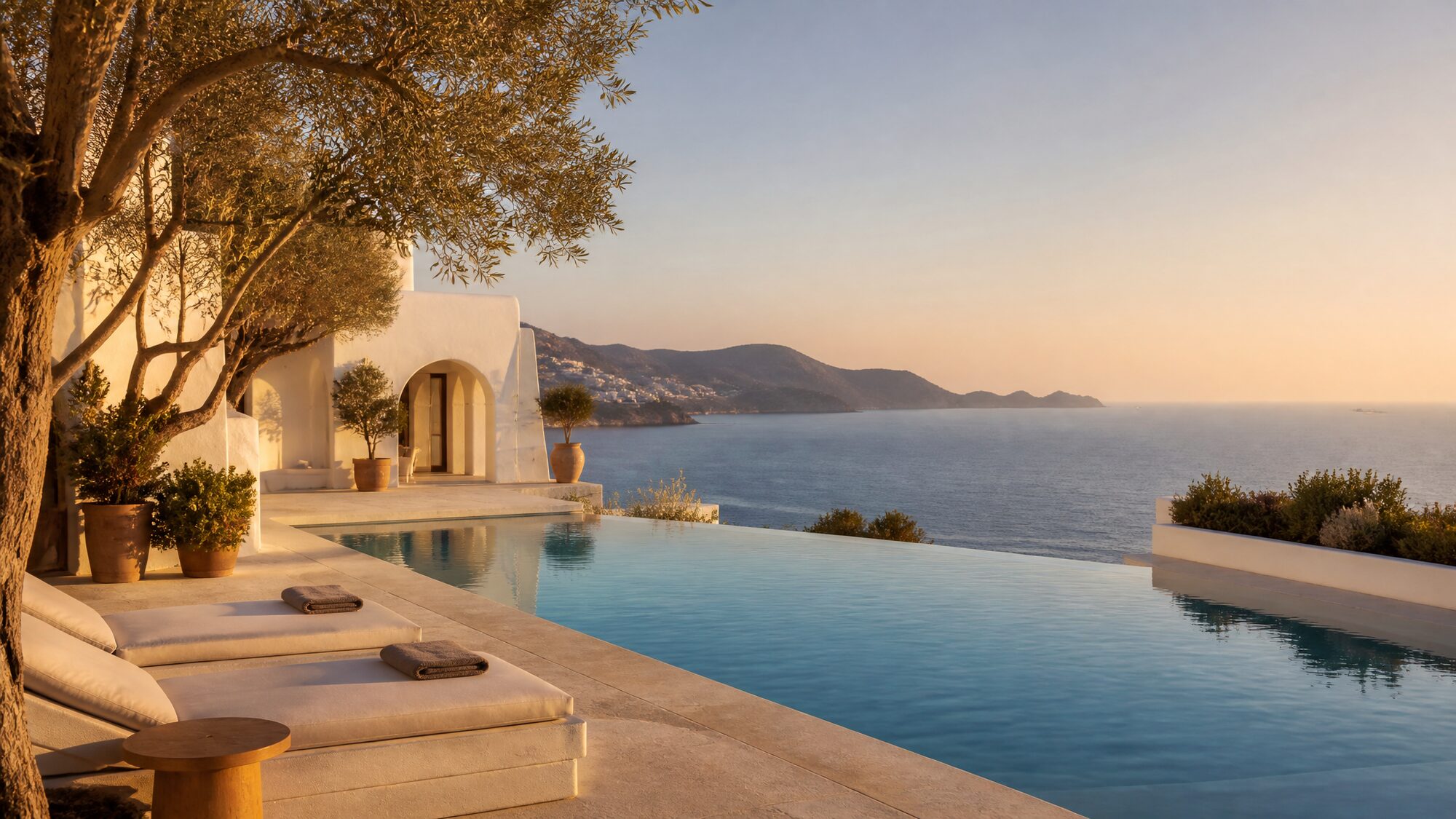 Boutique Mediterranean hotel terrace overlooking the coastline.