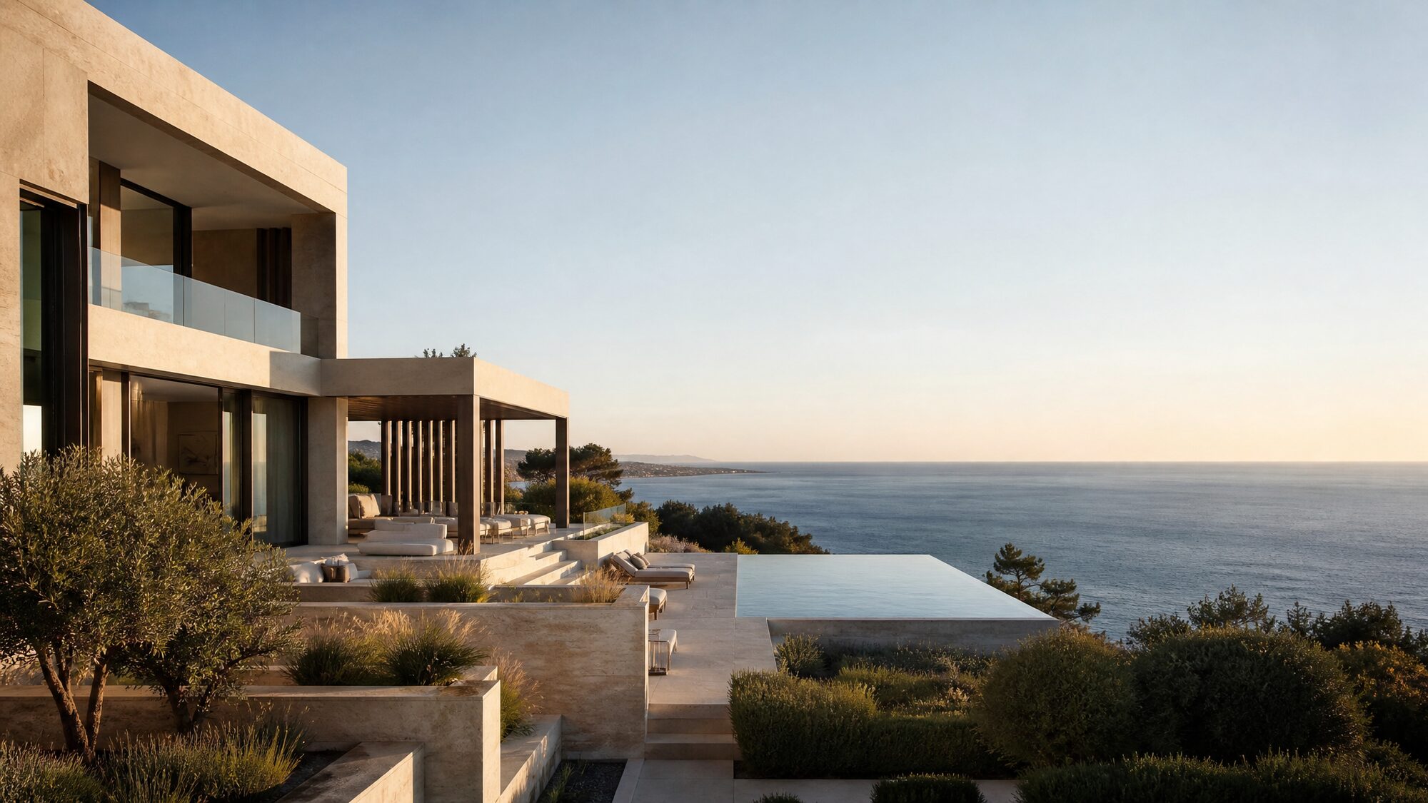 Contemporary Mediterranean residence with sea views at golden hour.