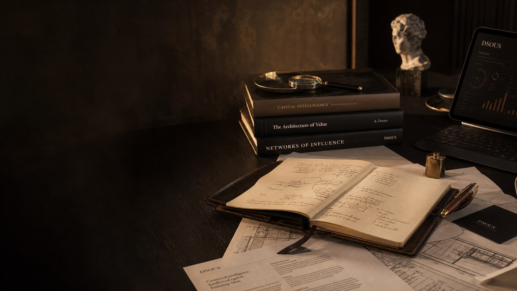 Dark strategy studio worktable with leather notebook, strategic diagrams, hardcover books, tablet and a subtle classical bust — intelligence being shaped into commercial assets.